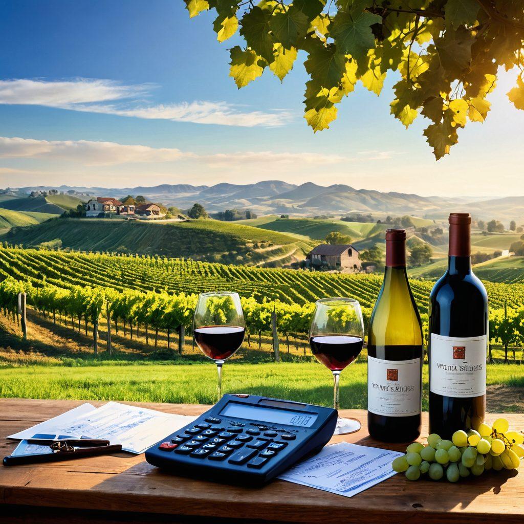 A picturesque vineyard under a blue sky, with lush green vines sprawling across rolling hills. In the foreground, a rustic wooden table adorned with wine bottles, glasses, and a calculator, symbolizing financing solutions. Small, artistic graphics of money, growth charts, and wine barrels scattered around, blending finance with viticulture. Soft golden sunlight casts a warm glow over the scene. vibrant colors. super-realistic.