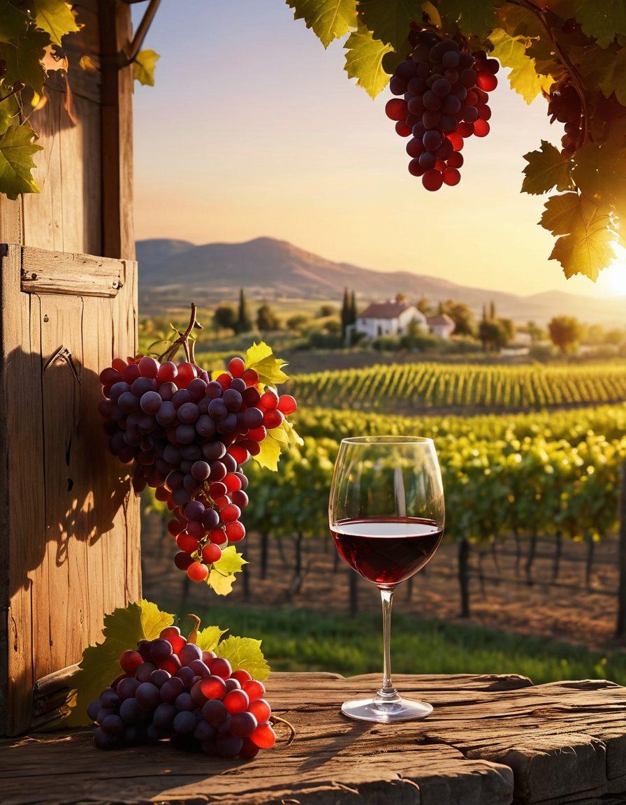 A lush vineyard at sunset, with ripe grapes hanging from the vines, a rustic winery in the background, a wine glass filled with deep red wine in the foreground. Include visual elements that suggest financial growth, such as vines transforming into dollar signs or coins. Add warm, inviting colors to evoke a sense of luxury and comfort. super-realistic. vibrant colors.