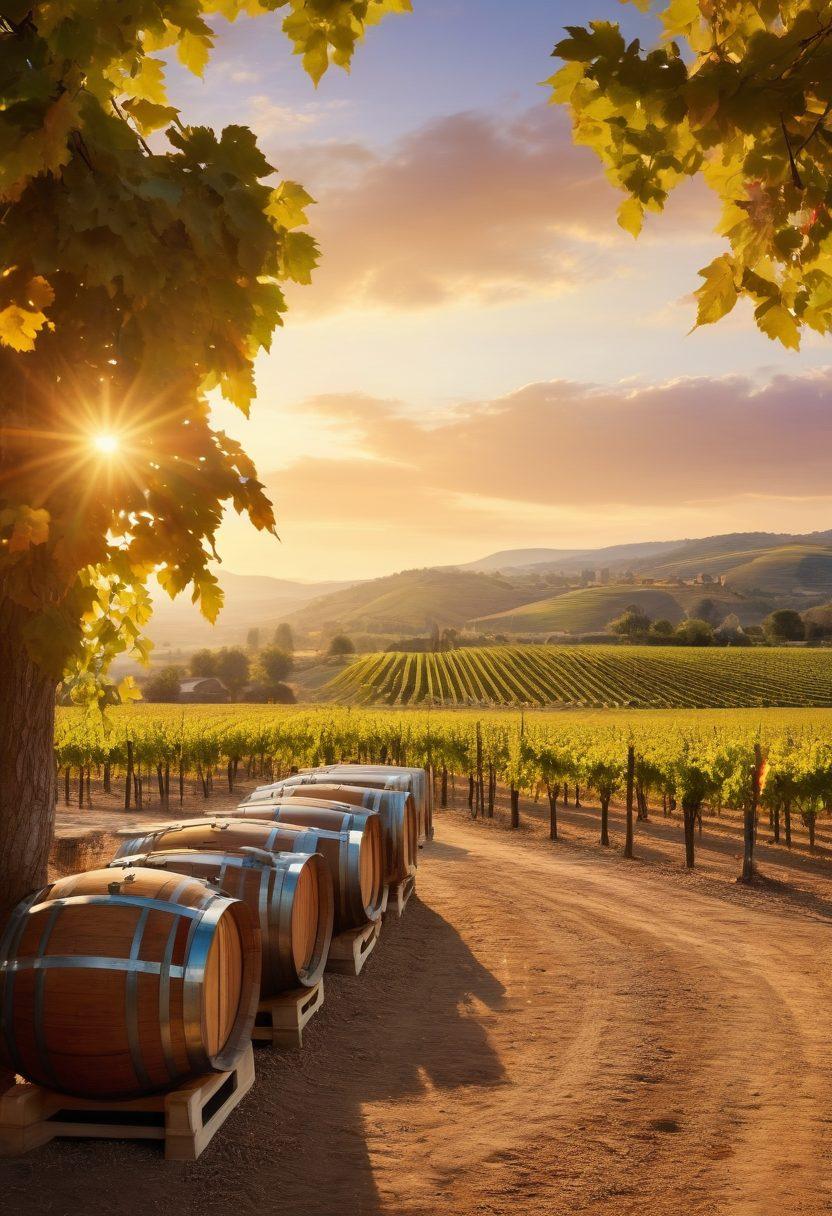 A tranquil vineyard at sunset, with rows of grapevines leading up to a beautifully rustic winery. In the foreground, a diverse group of aspiring vintners is discussing financing options, surrounded by wine barrels and glasses filled with rich red and white wines. A hint of gold in the sky adds warmth to the scene, showcasing the promise of new beginnings in winemaking. The atmosphere is inviting and hopeful, embodying the essence of capital solutions. super-realistic. vibrant colors. golden hour lighting.